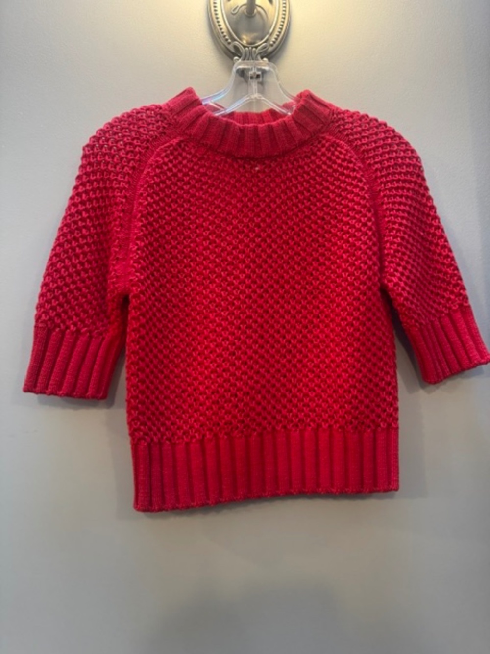 G Label By Goop Open Weave Red Cotton Crew Neck Sweater, 3/4 Sleeve, XS